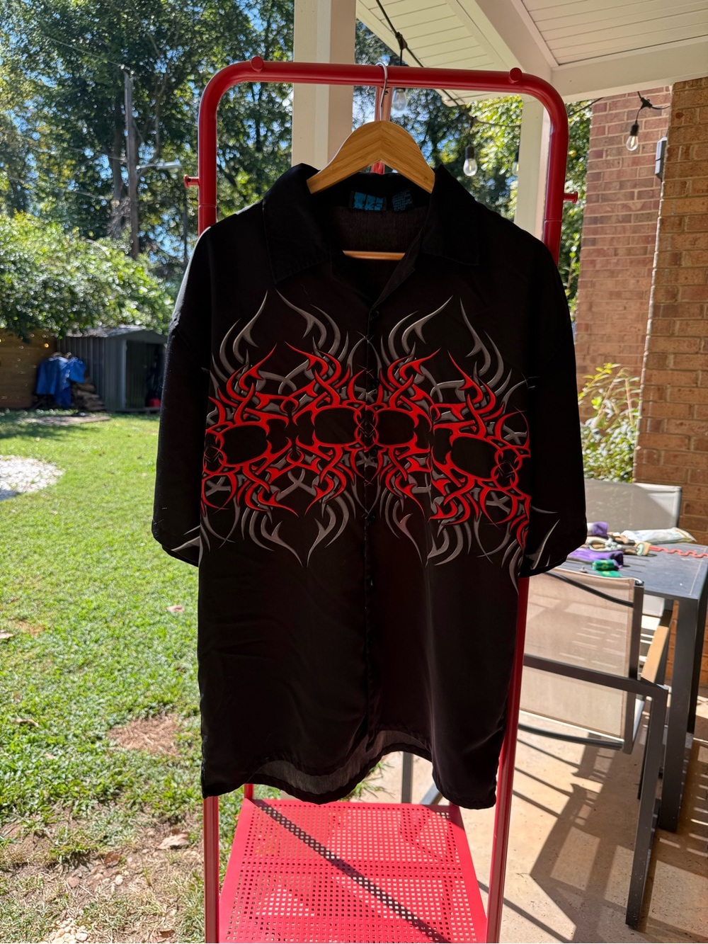 Men's Black Button-Down Shirt with Red Tribal Graphic